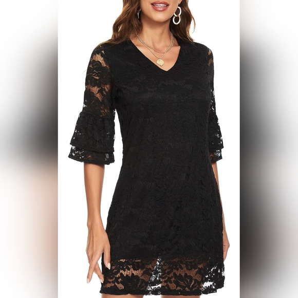 BELONGSCI Women's Dress Sweet & Cute V-Neck Bell Sleeve Shift Dress Mini Dress - Picture 4 of 9